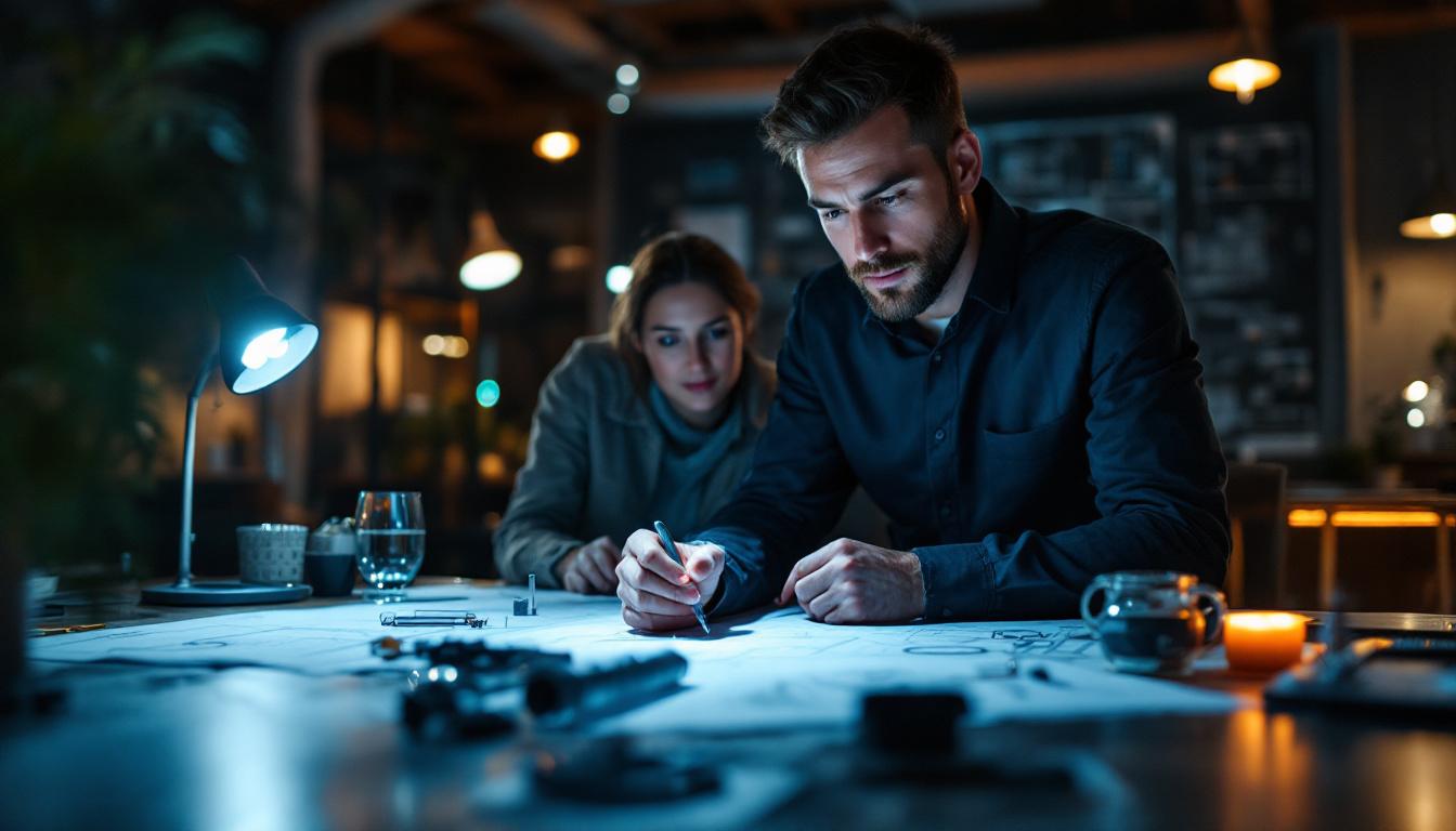 A photograph of a focused electrical engineer engaged in a collaborative brainstorming session with industry experts