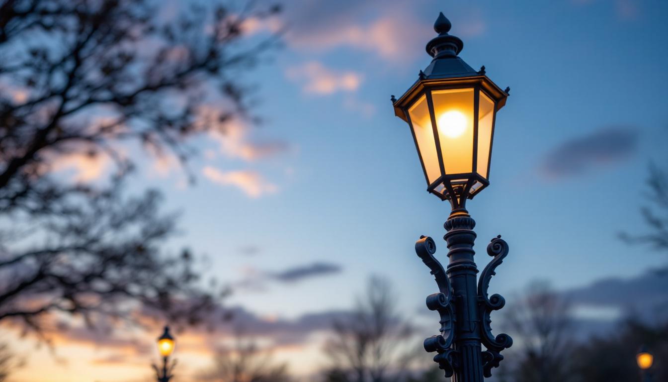 A photograph of a beautifully designed cast iron light pole illuminated at dusk