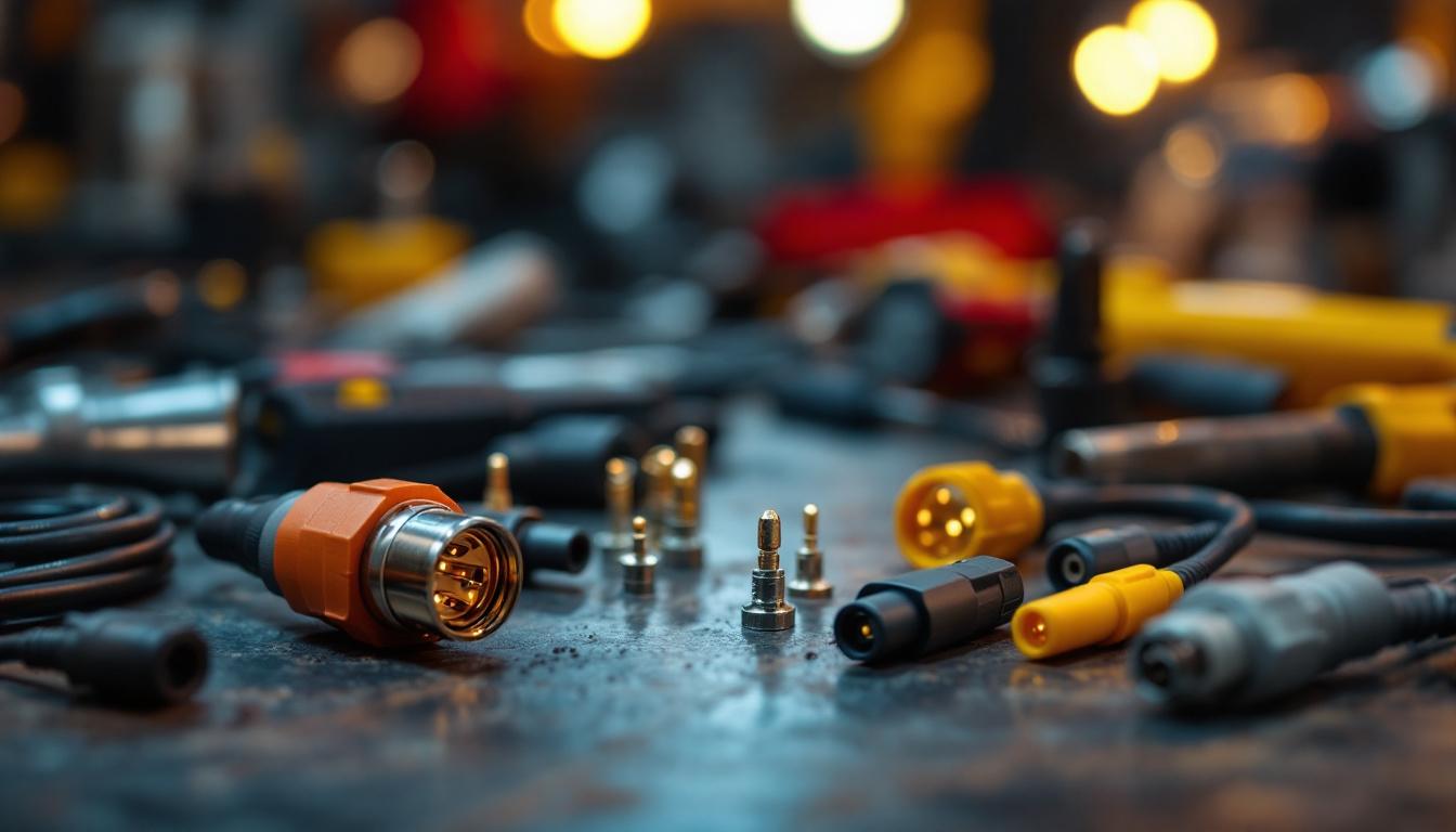 A photograph of a close-up of various electric cable connectors arranged aesthetically on a well-lit workbench