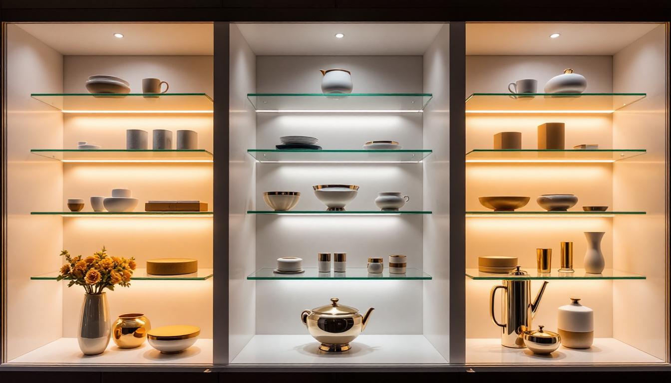 A photograph of a beautifully arranged cabinet showcasing elegant display lights that highlight the items inside