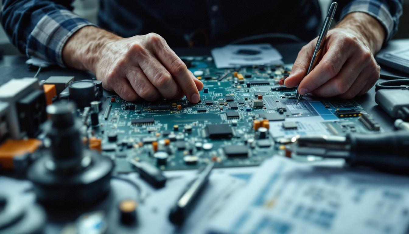 A photograph of a close-up shot of an electrical engineer working on a circuit board
