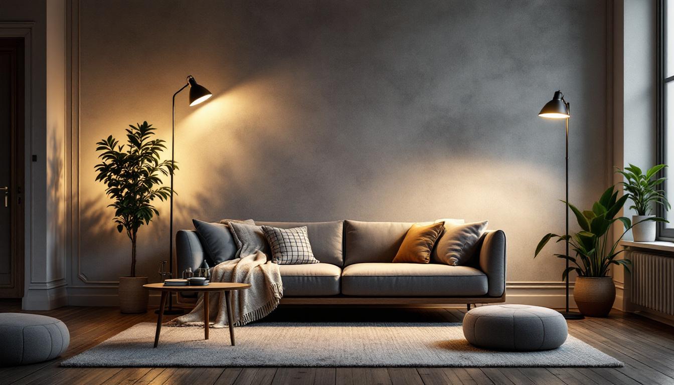 A photograph of a stylish living room featuring industrial floor lamps