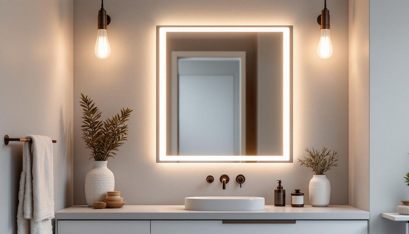 A photograph of a beautifully designed led wall mirror in a well-lit bathroom or dressing area