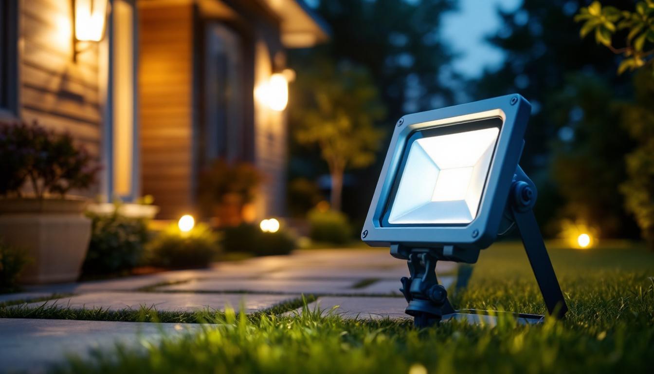 A photograph of capture a photograph of a well-lit exterior space showcasing various types of flood light bulbs in use