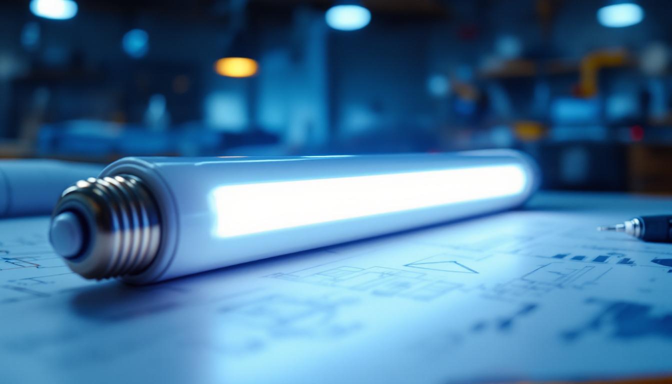A photograph of a close-up shot of a 4' fluorescent bulb illuminated in a modern workspace
