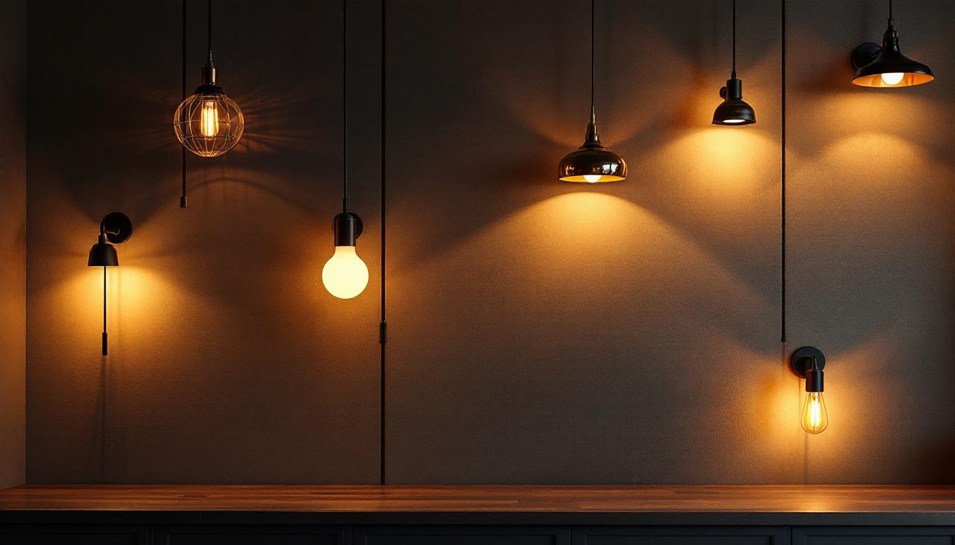 A photograph of a stylishly designed wall featuring various lighting fixtures