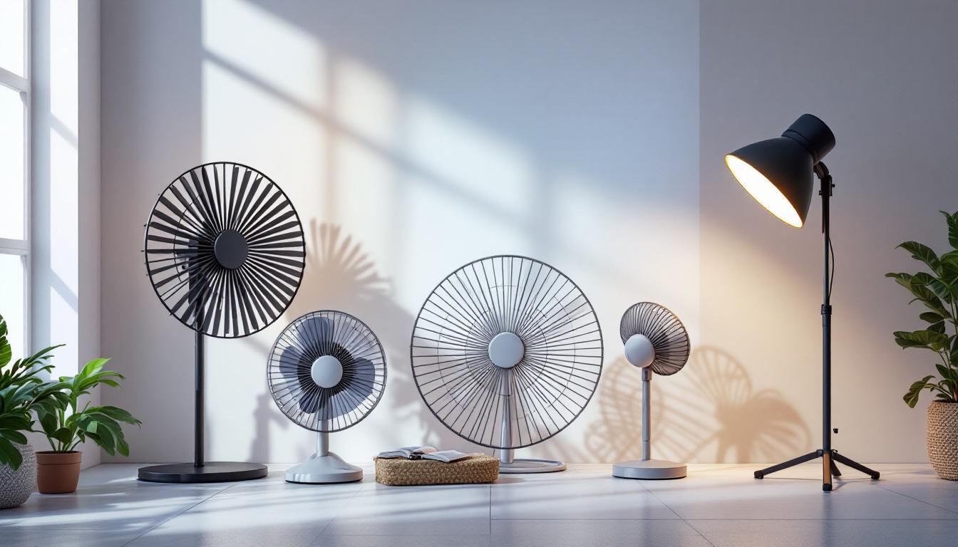 A photograph of a beautifully arranged lighting setup featuring various decorative fans