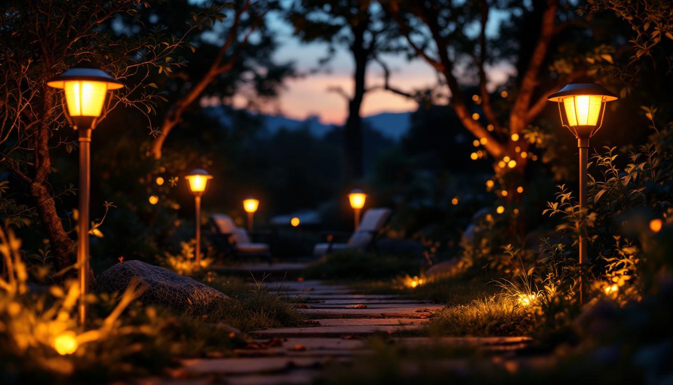 A photograph of a serene outdoor setting illuminated by 100 lumen solar lights at dusk