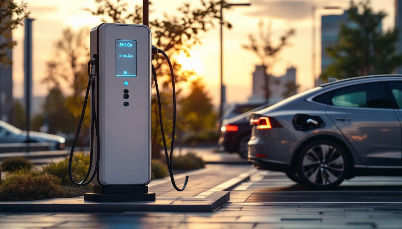 A photograph of a modern electric vehicle charging station in a well-lit urban setting