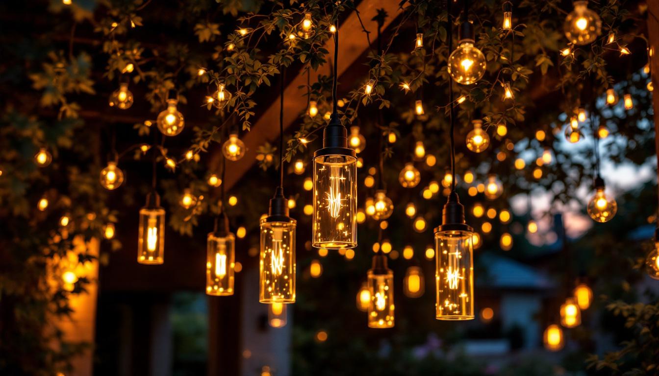 A photograph of a beautifully lit outdoor space featuring hanging exterior lights