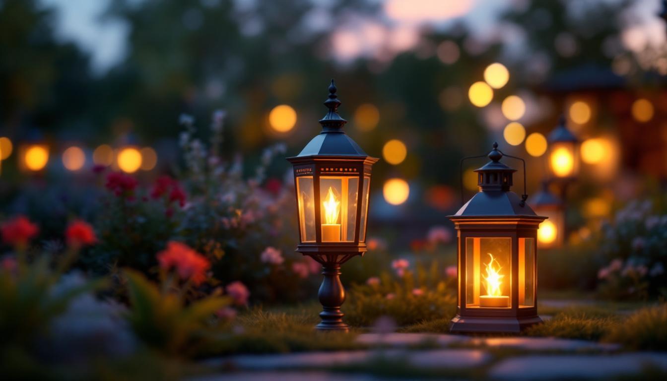 A photograph of a beautifully arranged set of three outdoor lanterns in a serene garden setting during twilight