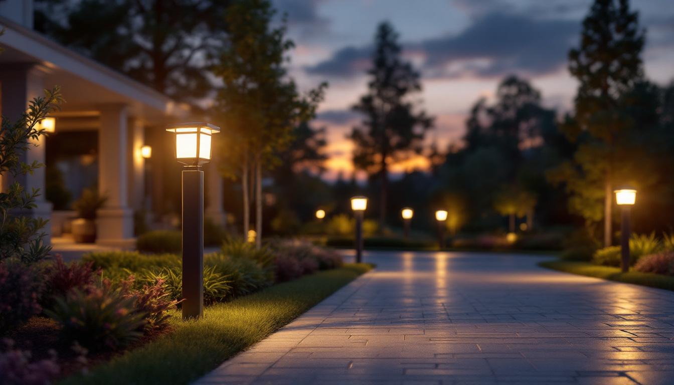 A photograph of a beautifully illuminated driveway featuring stylish bollard lights at dusk