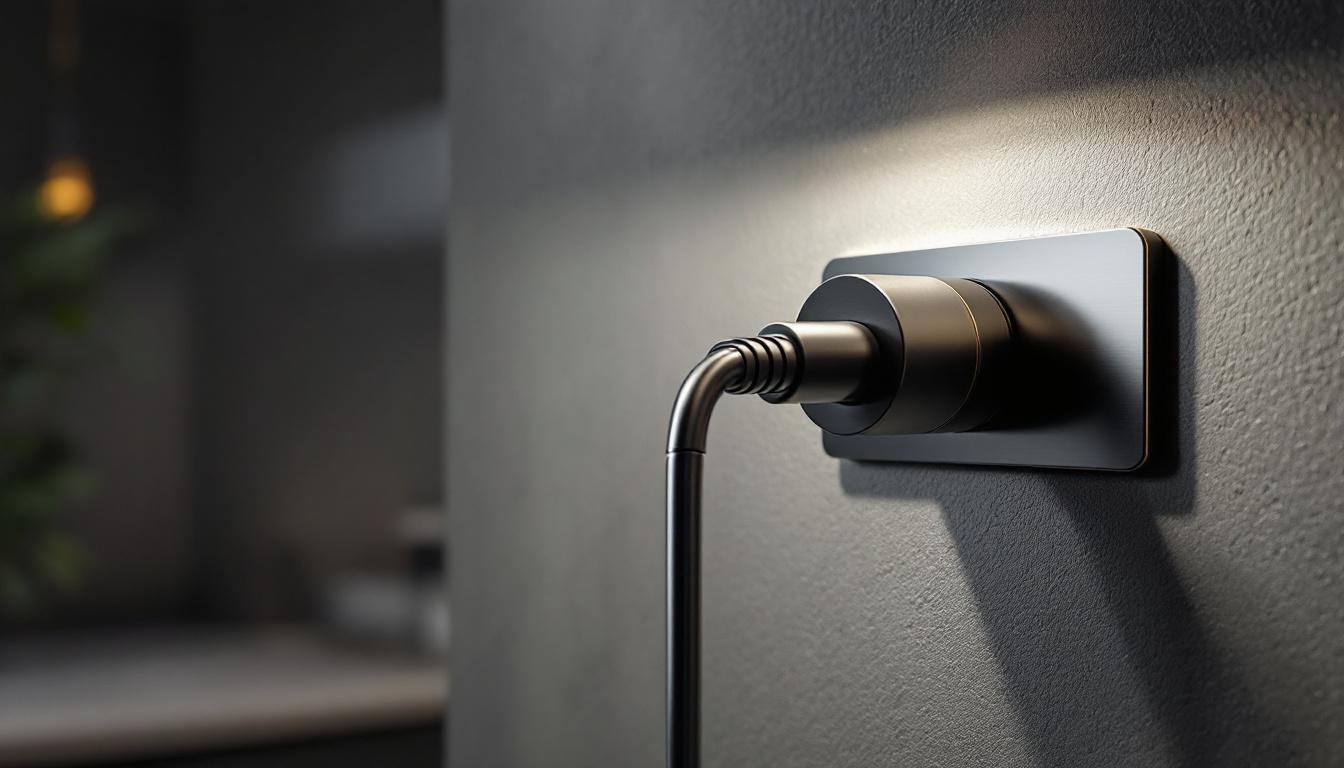 A photograph of a stylishly designed washer power plug integrated into a modern lighting fixture