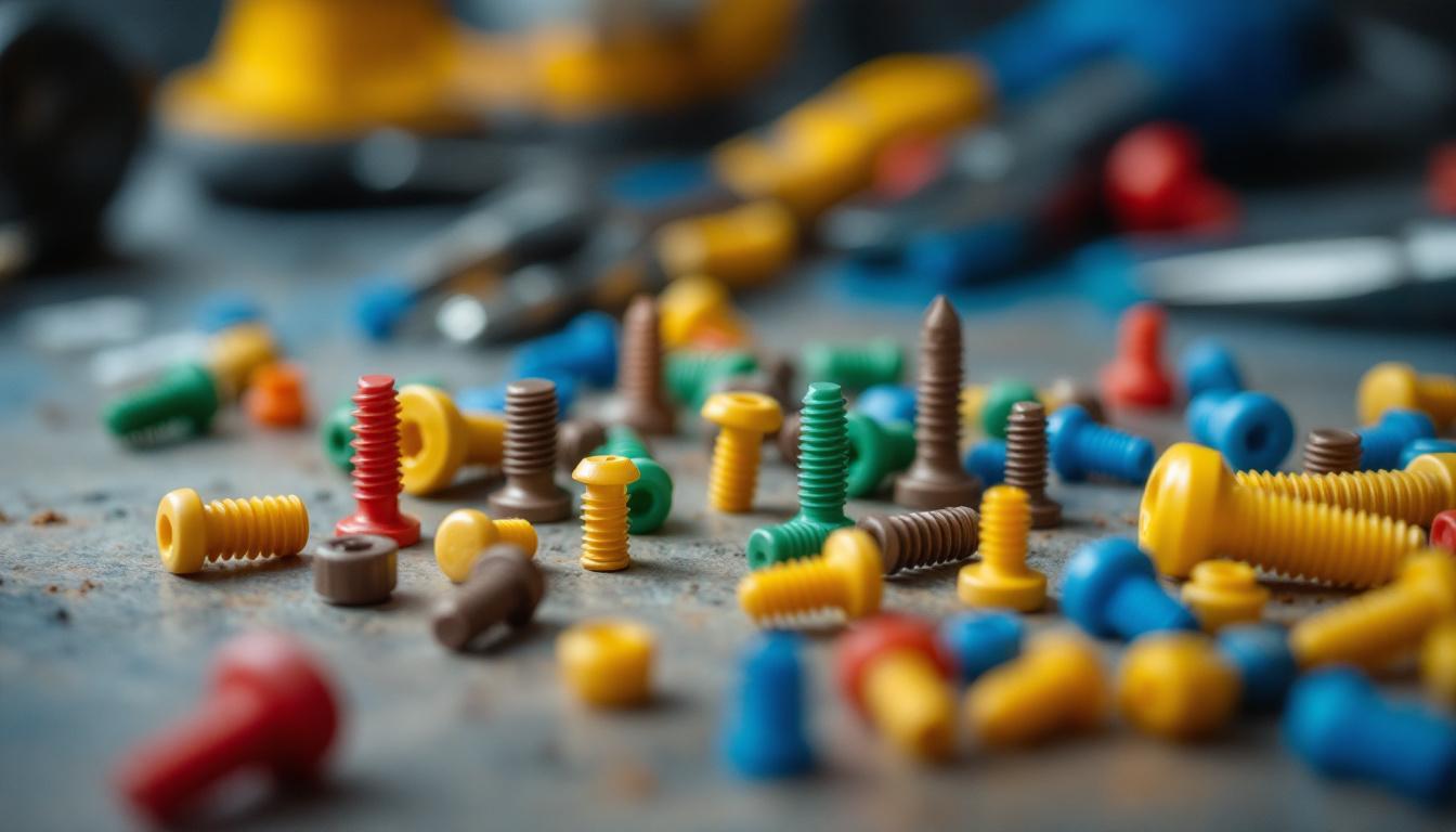 A photograph of a close-up view of various outlet screws in different colors