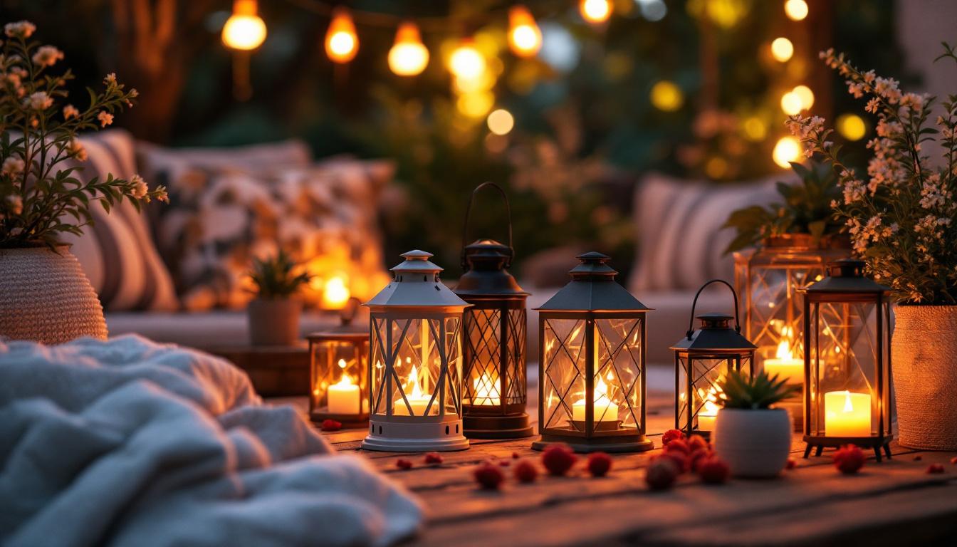 A photograph of a beautifully arranged outdoor setting featuring a variety of inexpensive lanterns illuminating a cozy gathering space