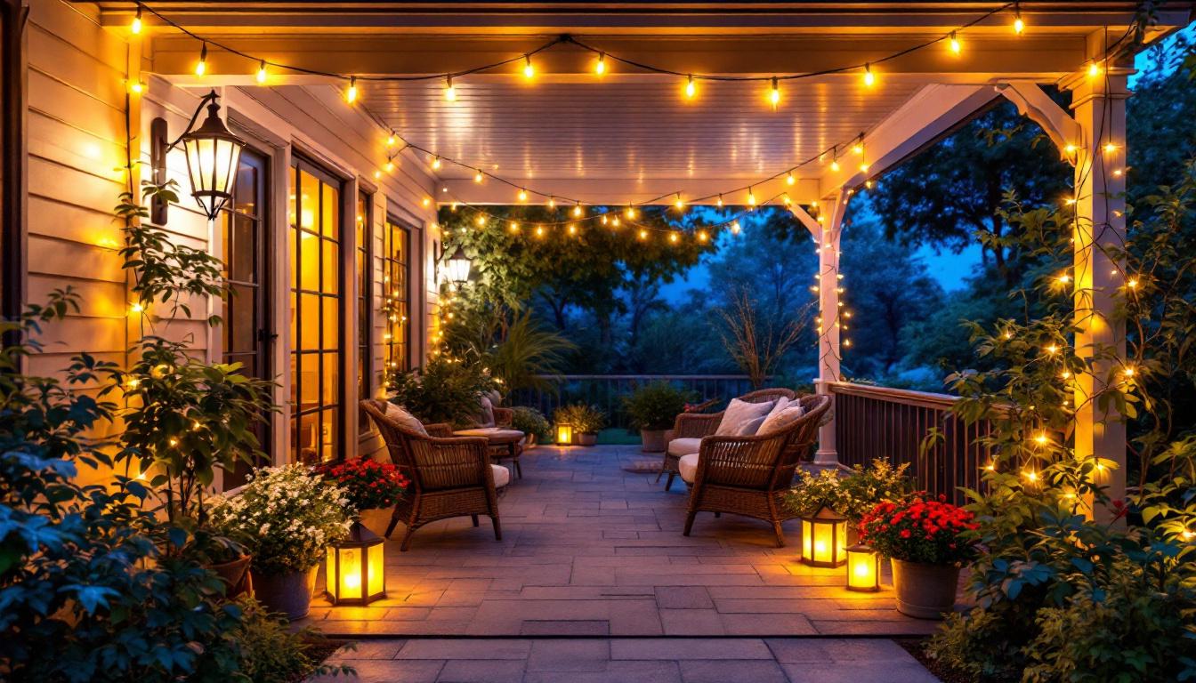 A photograph of a beautifully illuminated porch featuring various styles of led lights
