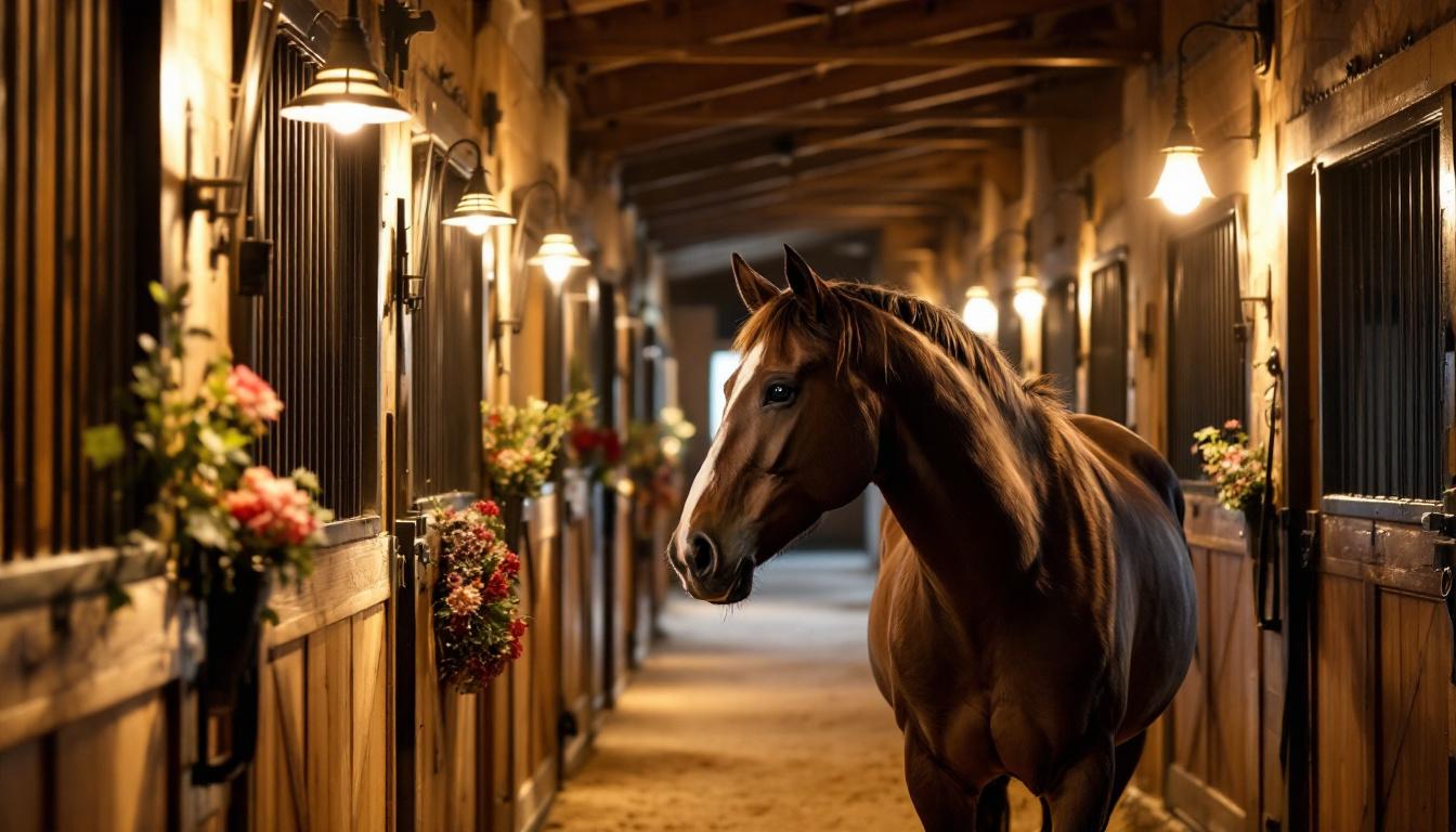 A photograph of a well-lit horse stall showcasing stylish and functional light fixtures