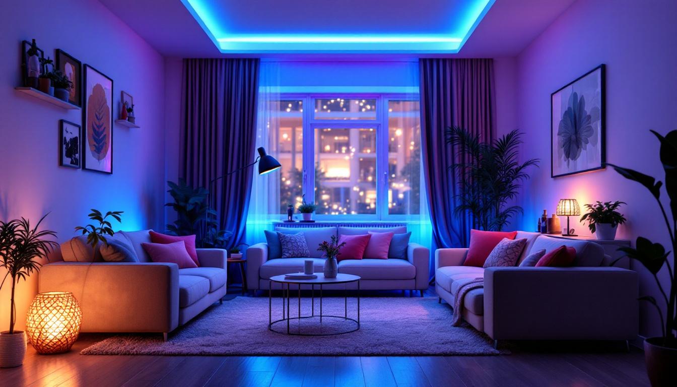 A photograph of a stylishly arranged home interior illuminated by uv lights