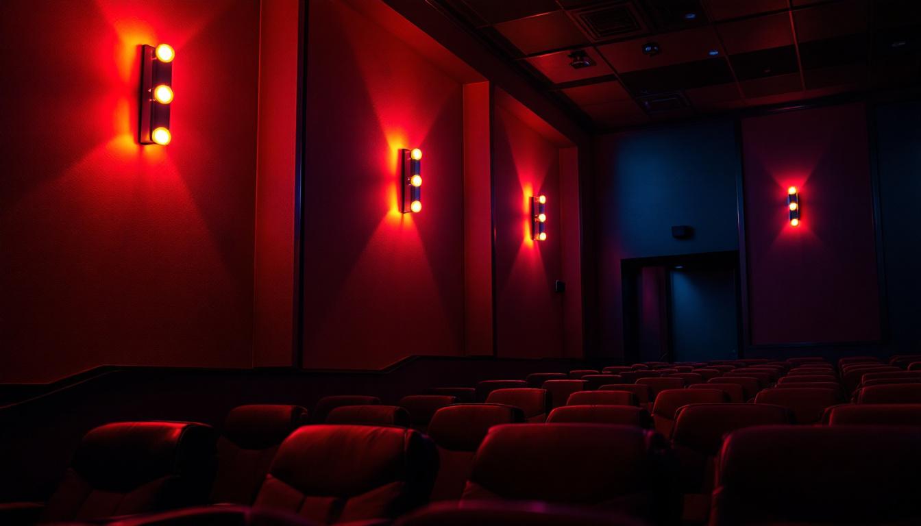 A photograph of a beautifully illuminated movie theater wall showcasing the unique design and ambiance created by the wall lights