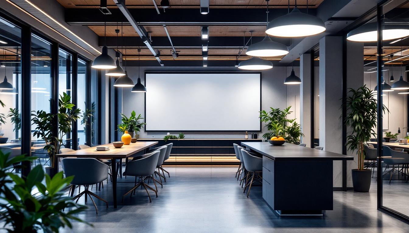 A photograph of a modern commercial interior space showcasing a variety of efficient lighting solutions