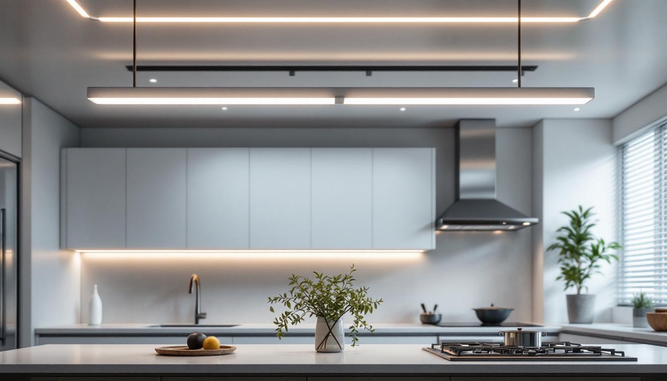 A photograph of a modern kitchen featuring stylish fluorescent ceiling lights