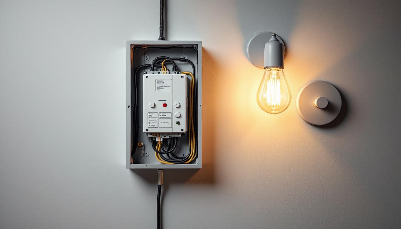 A photograph of a well-organized electrical box mounted on a wall
