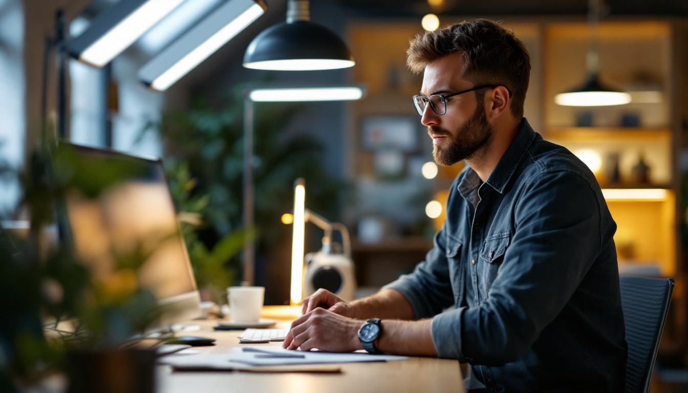 A photograph of a lighting engineer analyzing a well-lit workspace with 4ft led fixtures