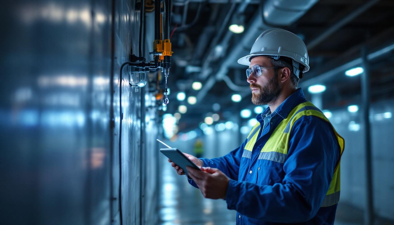 A photograph of an electrical engineer inspecting a wet location led installation