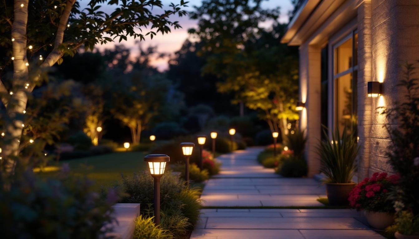 A photograph of a beautifully illuminated outdoor space featuring solar lights in various designs