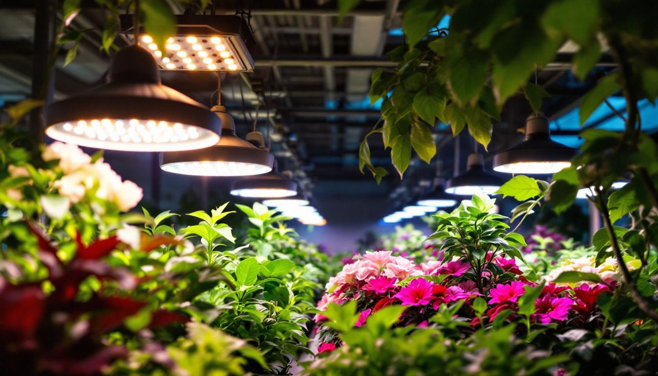 A photograph of a well-lit greenhouse interior showcasing various types of growing lights in use