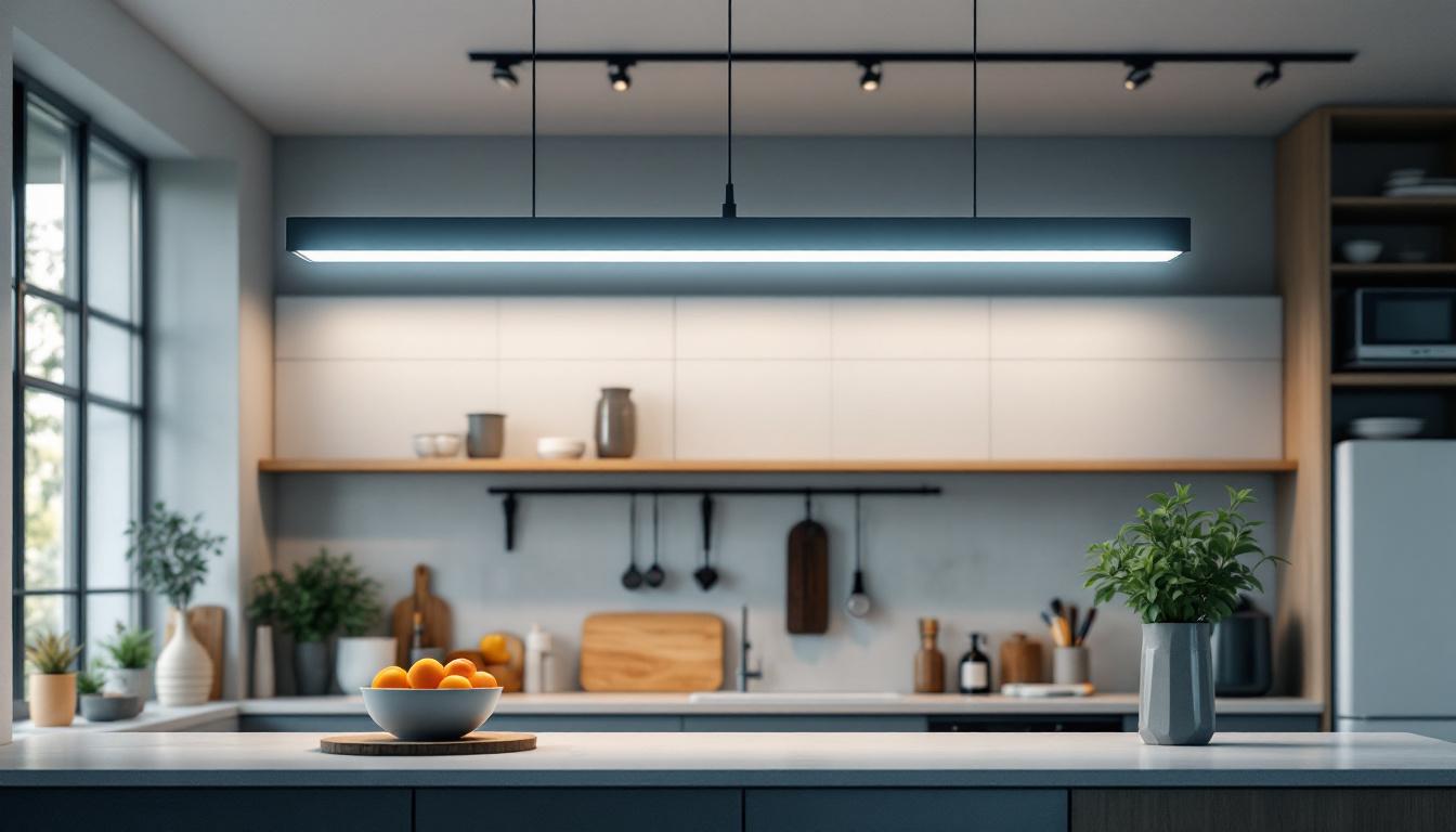 A photograph of a modern kitchen featuring a sleek fluorescent light fixture that highlights the space's efficiency and brightness