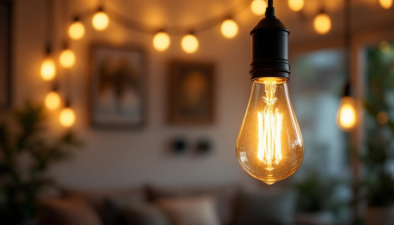 A photograph of a stylish 12-volt pendant light fixture illuminated in a cozy setting