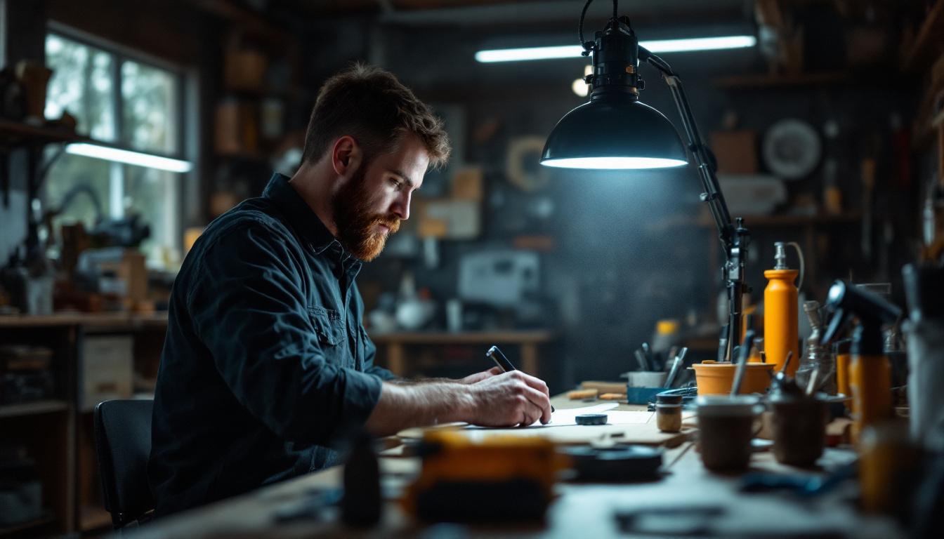 A photograph of a lighting engineer at work in a well-lit workshop