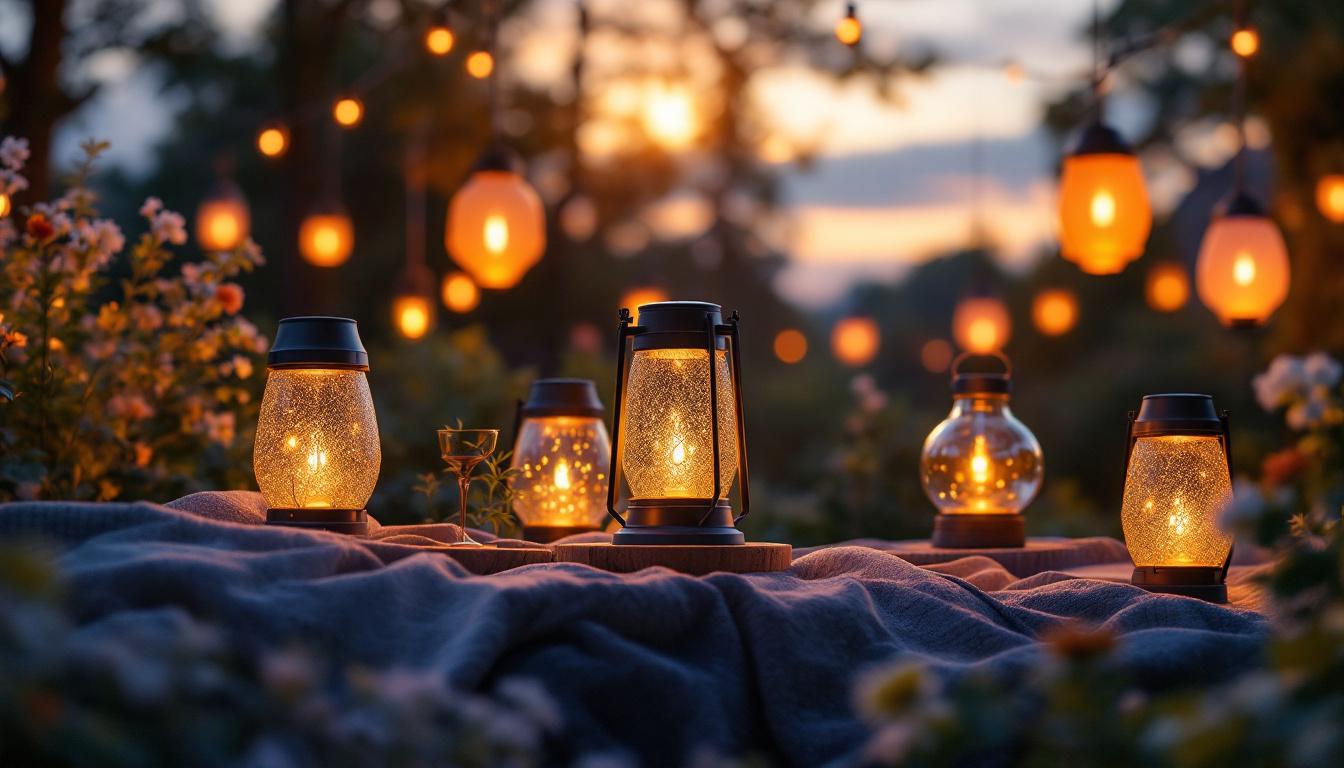 A photograph of a beautifully arranged outdoor setting featuring various solar-powered hanging lanterns illuminated at dusk
