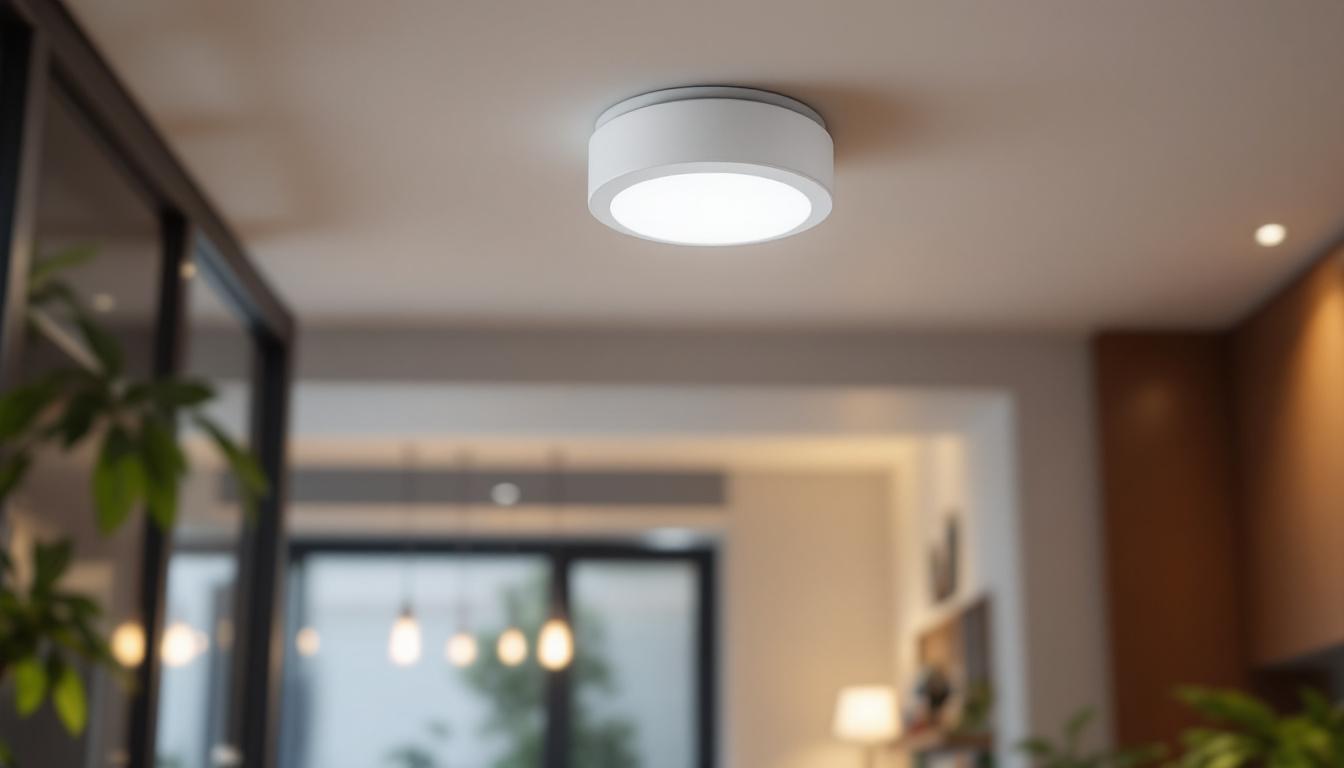 A photograph of a ceiling mount motion detector light installed in a modern indoor setting
