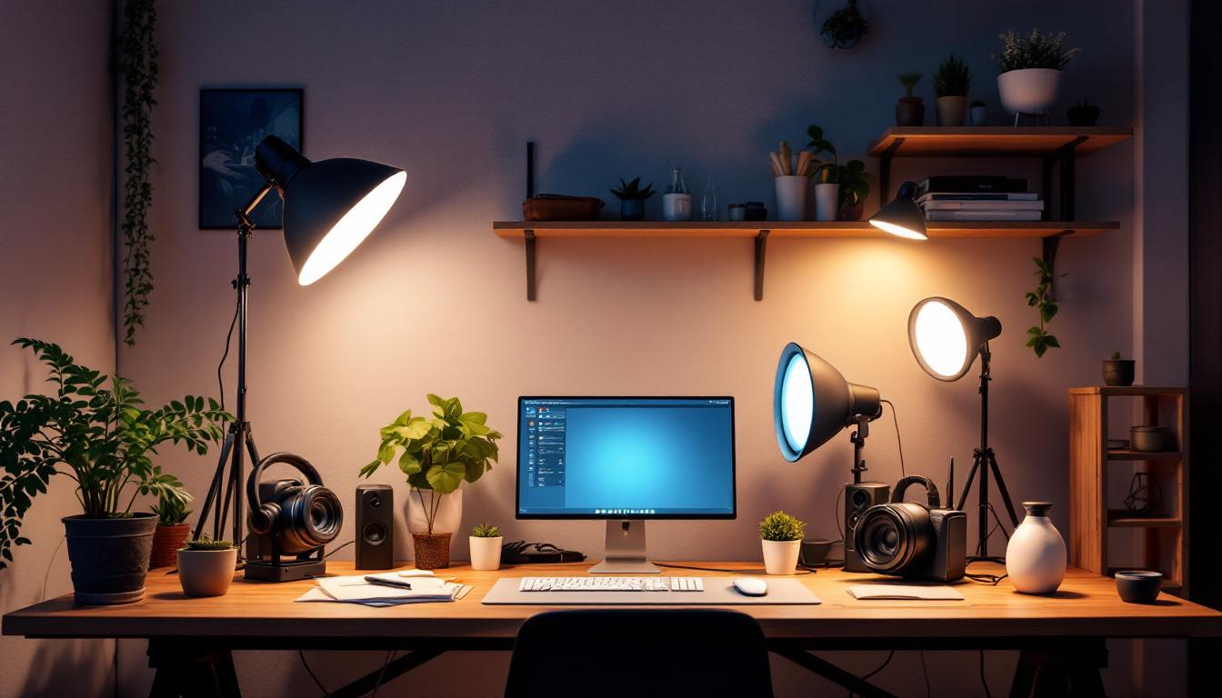 A photograph of a well-lit workspace featuring a variety of par38 led lights in use