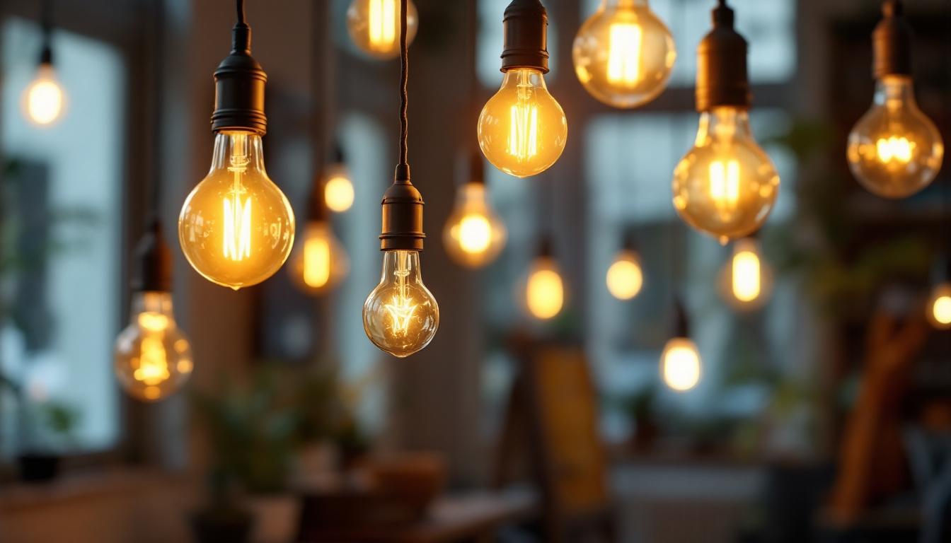 A photograph of a well-lit indoor space showcasing a variety of light bulbs in use