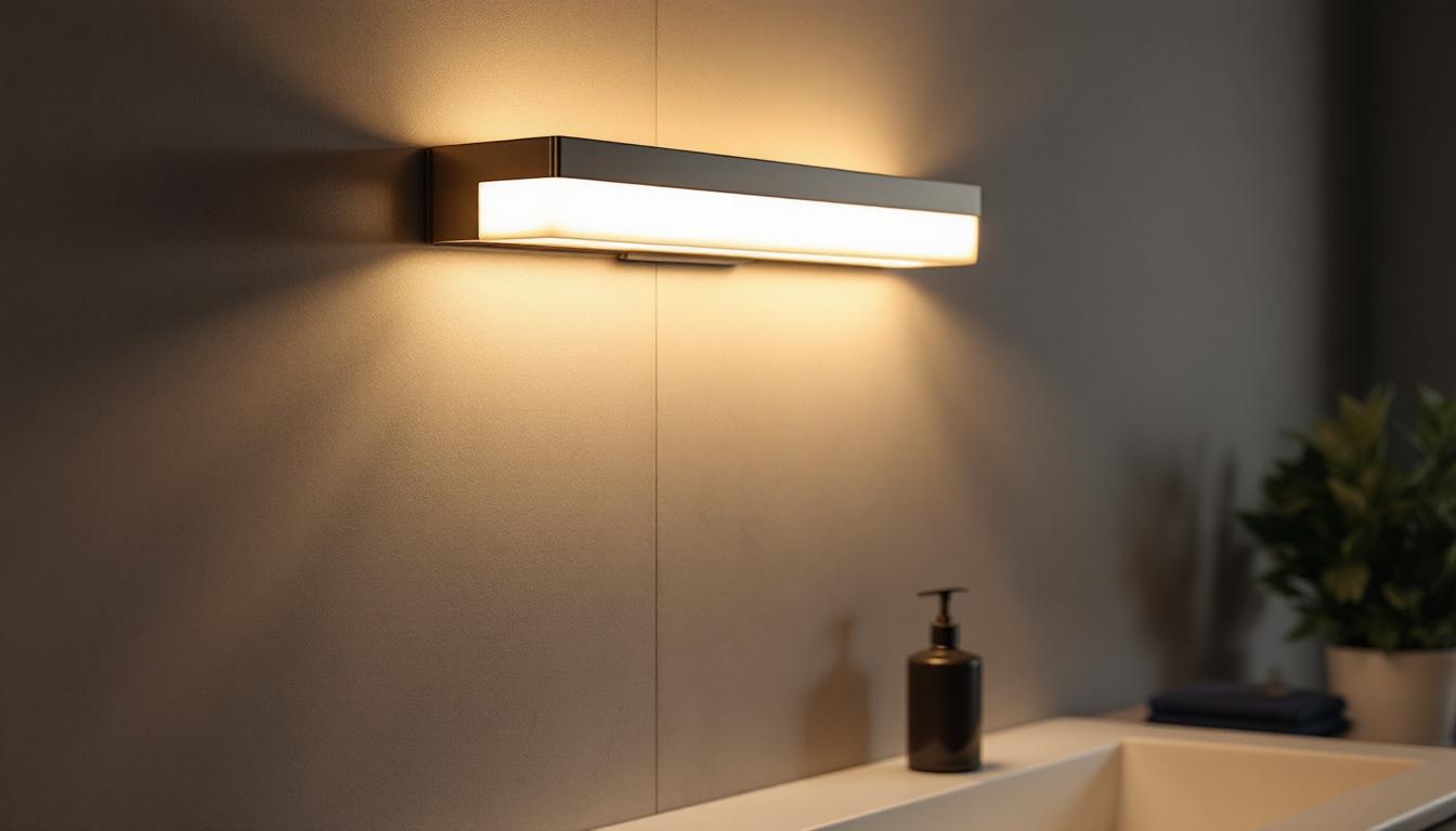 A photograph of a stylish stainless steel vanity light installed in a modern bathroom setting
