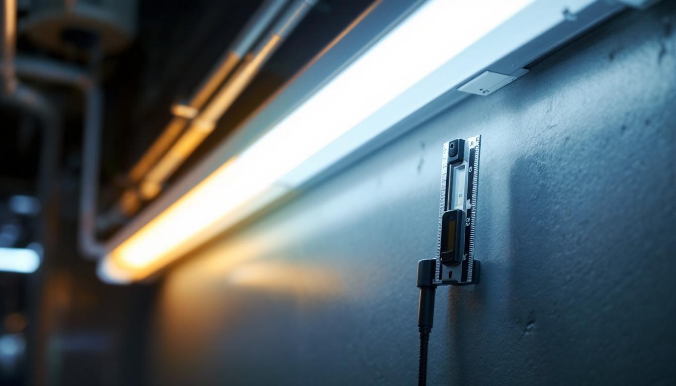 A photograph of a close-up shot of a led t8 type b tube light installed in a commercial lighting system