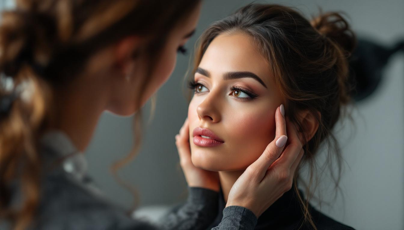A photograph of a professional makeup artist working in a well-lit studio