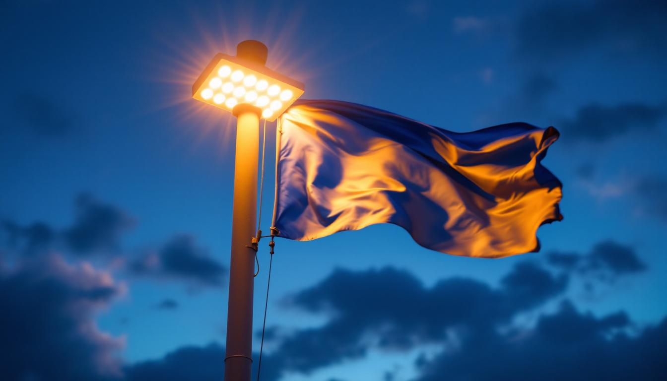 A photograph of a flagpole illuminated by a bright