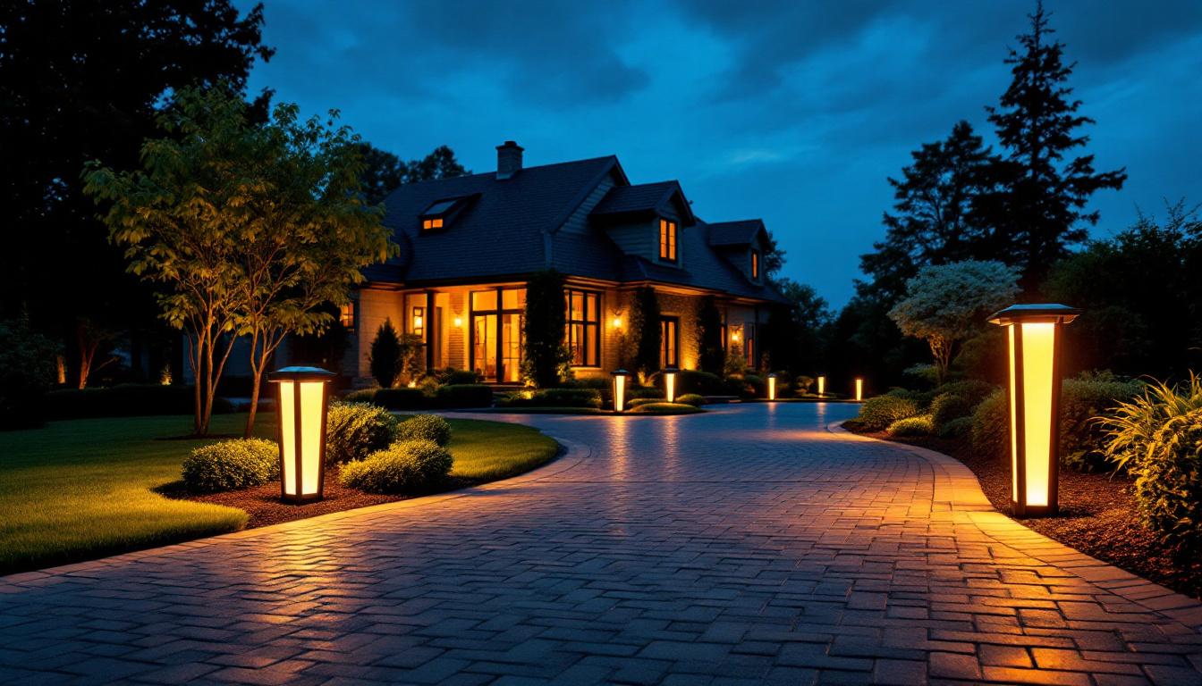 A photograph of a beautifully illuminated driveway featuring solar pillar lights at dusk