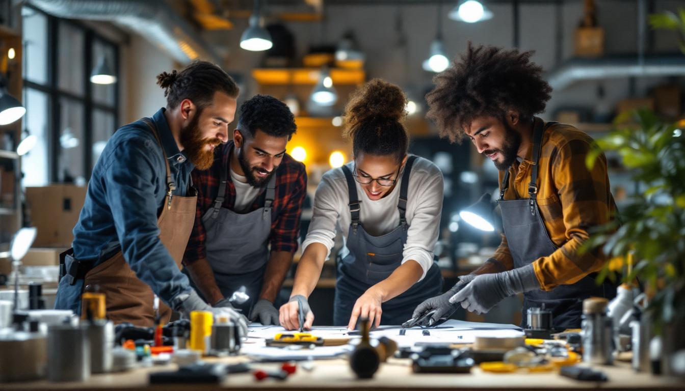 A photograph of a diverse group of electrical engineers collaborating in a well-lit workspace