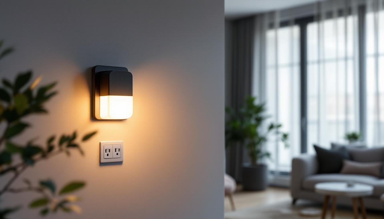 A photograph of a stylish light fixture with built-in outlets