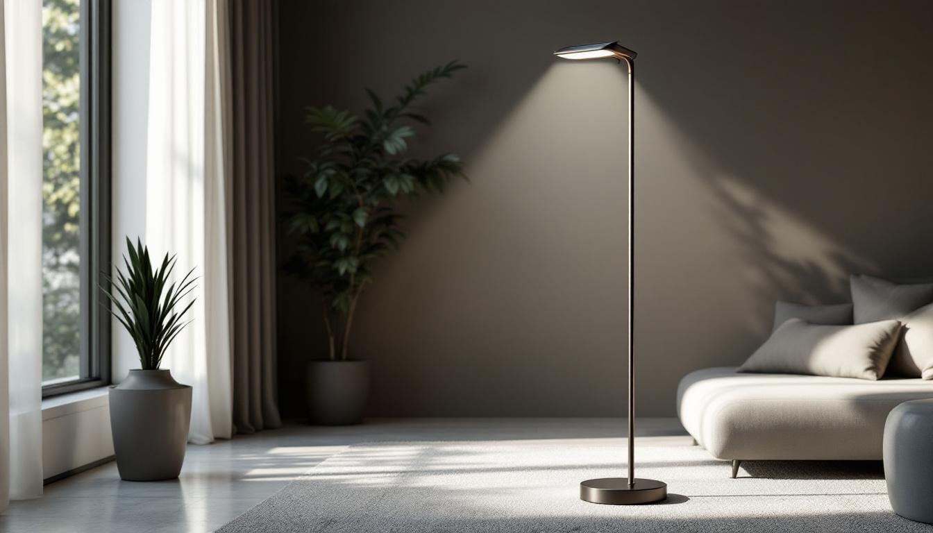 A photograph of a sleek floor solar lamp in a modern living space