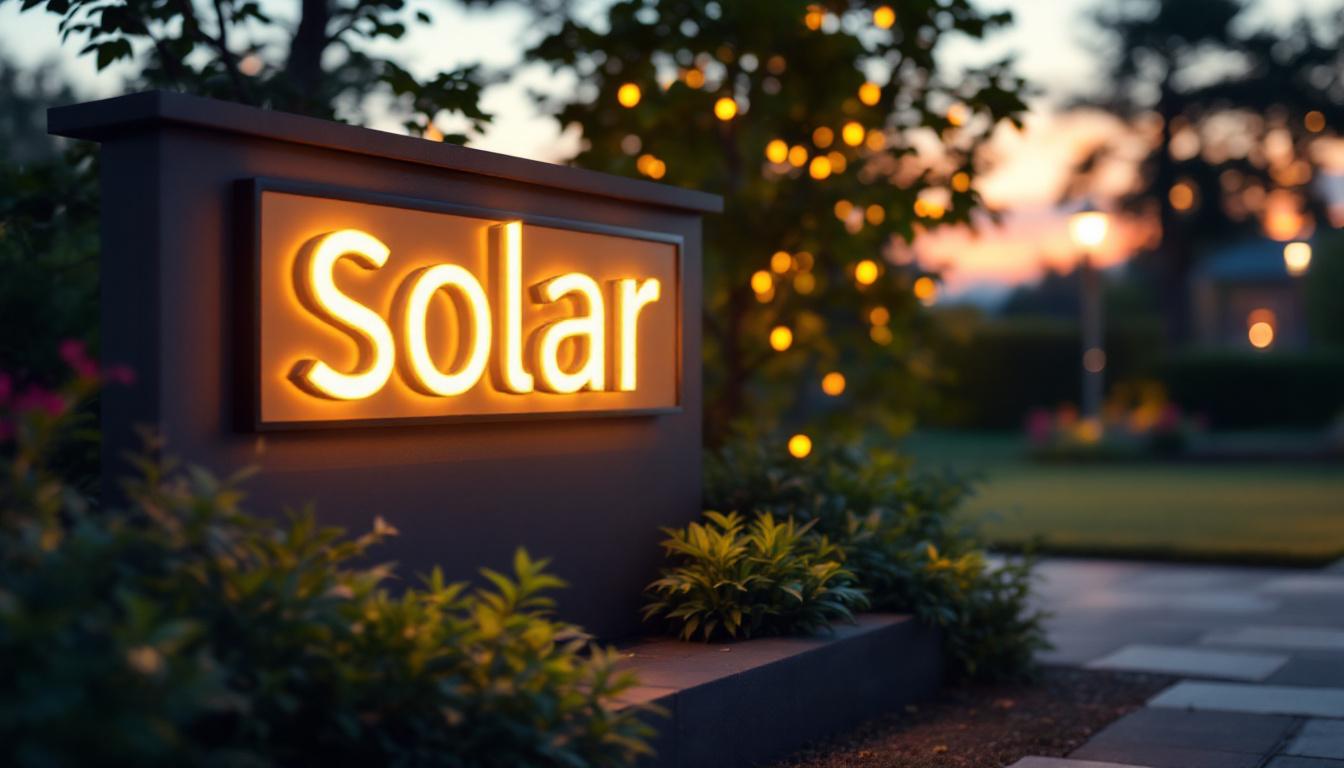 A photograph of a beautifully illuminated solar sign in a serene outdoor setting at dusk