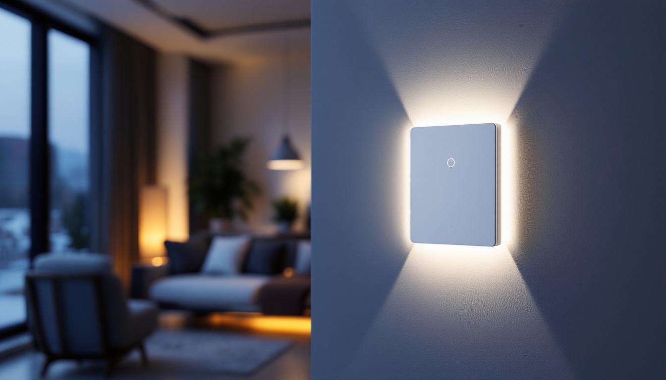 A photograph of a modern remote motion sensor light switch installed in a stylish home setting