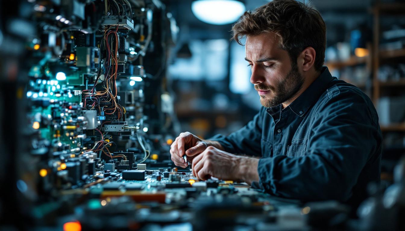 A photograph of a skilled electrical engineer analyzing a circuit board with various tools and equipment in a well-lit workspace