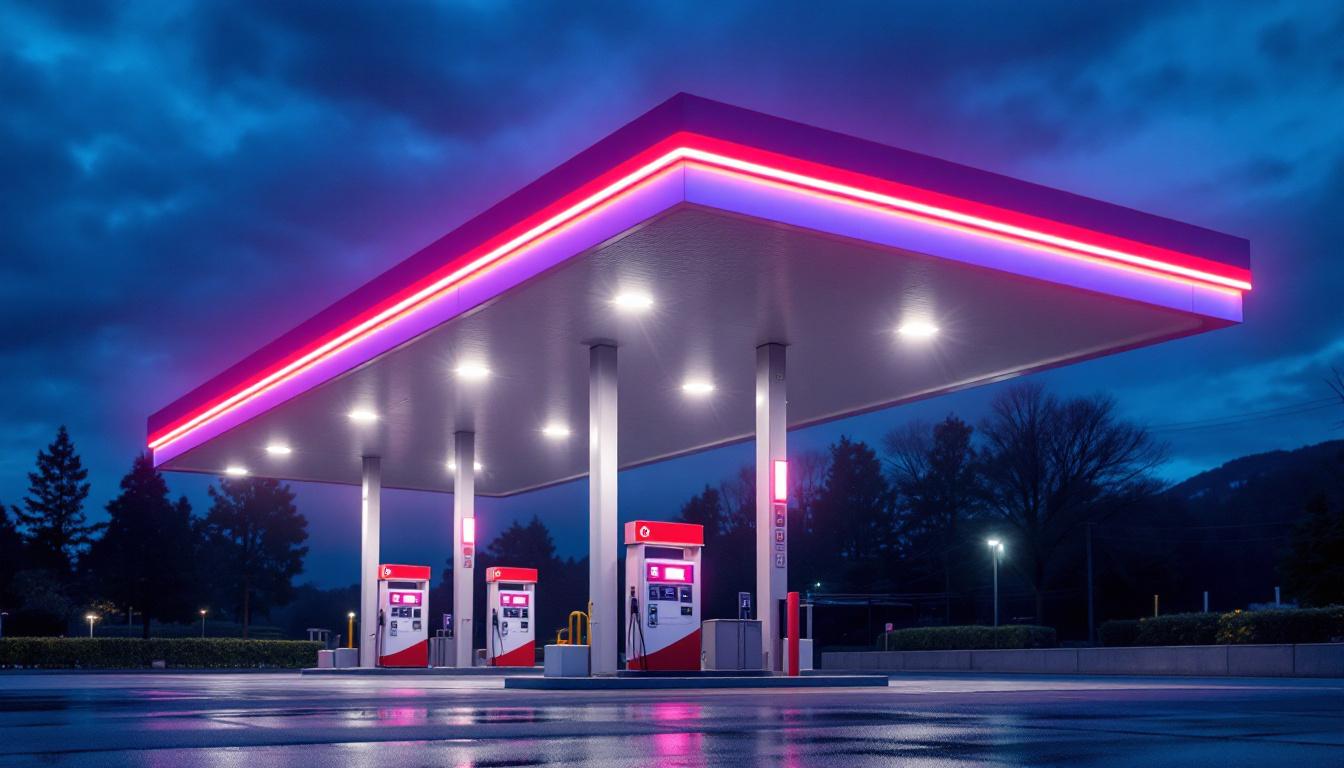 A photograph of a gas station canopy illuminated by vibrant led lighting at dusk