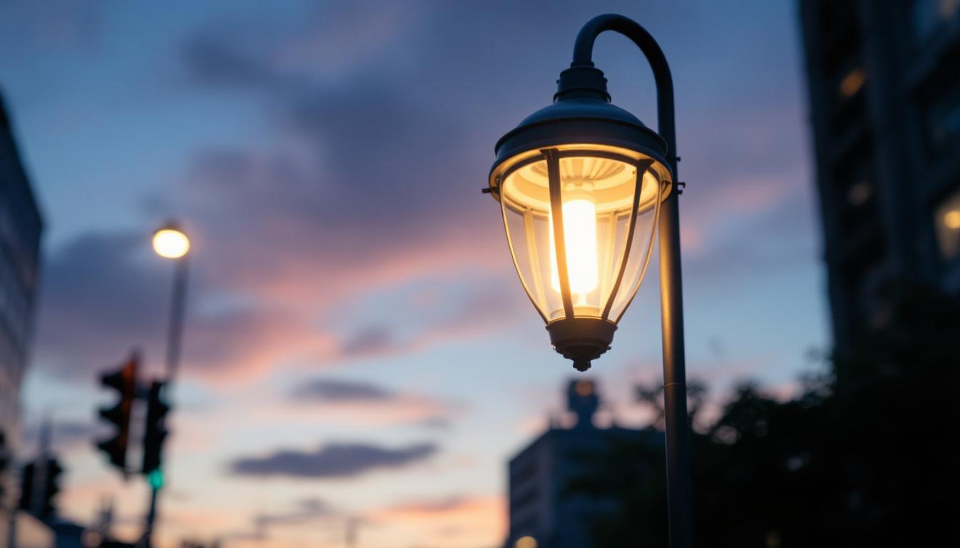 A photograph of capture a photograph of a modern general electric street light illuminated at dusk